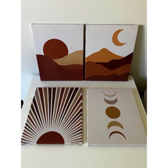 Brand New Set of 4 Boho Neutral Sun Moon Canvas Prints - Picture 1 of 2